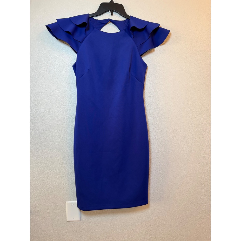 Eliza J Royal Blue Ruffle Sleeve Keyhole Back Sheath Cocktail Dress Size 8